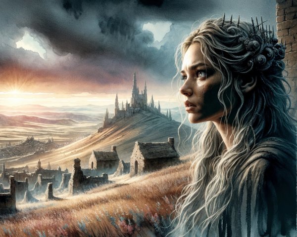 Watercolor of a Sad Woman with Castle at Sunset