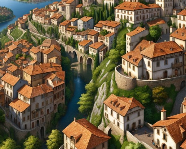 Charming Hillside Town with Terracotta Roofs and River