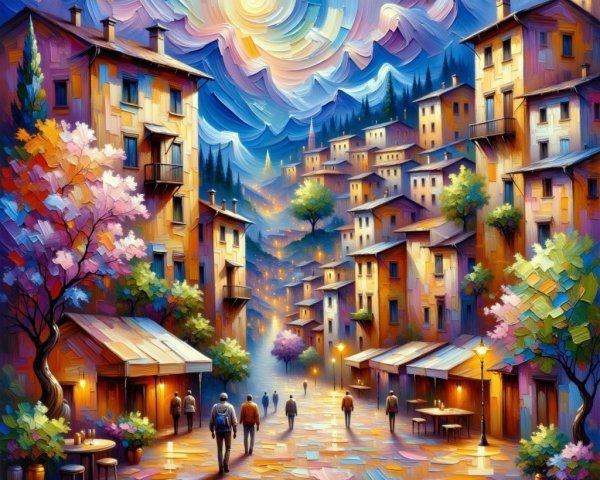 Vibrant Fauvist Hillside Town with Colorful Night Sky