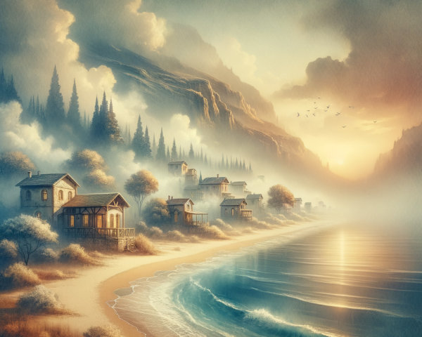 Coastal Village at Sunrise in Watercolor Style