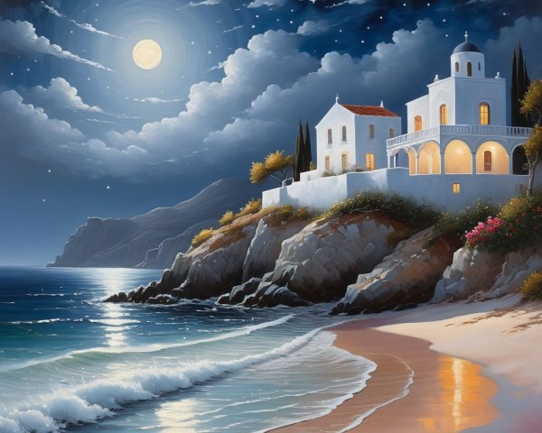 Moonlit Coastal Scene with House on Rocky Cliff