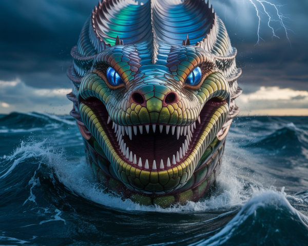 Fantastical dragon rising from turbulent ocean waters