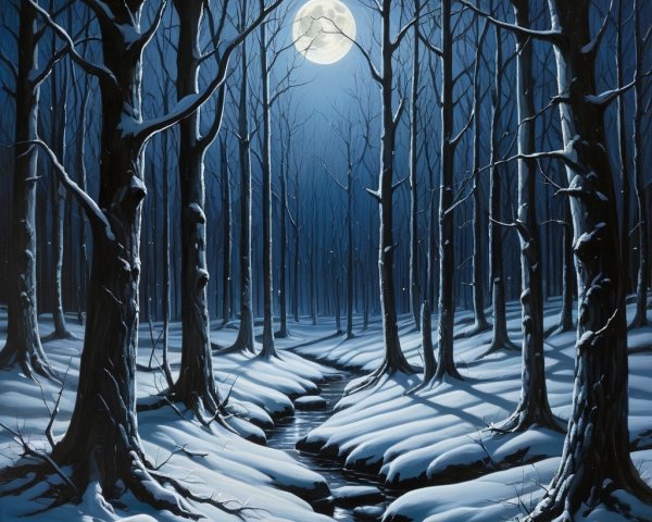 Serene Winter Landscape with Moonlit Trees and Snow
