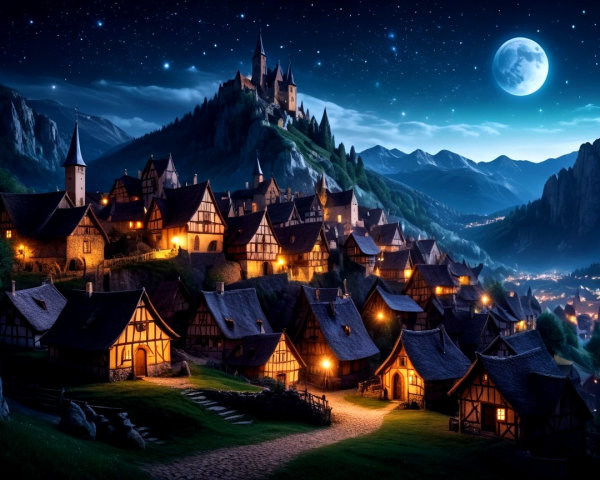 Medieval Village with Castle Under Starry Night Sky