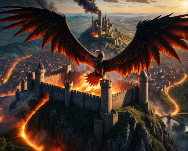 Phoenix Above Castle Surrounded by Lava and Smoke