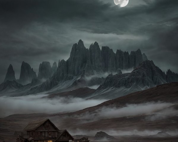 Rustic Cabin in Foggy Valley Under Dramatic Night Sky
