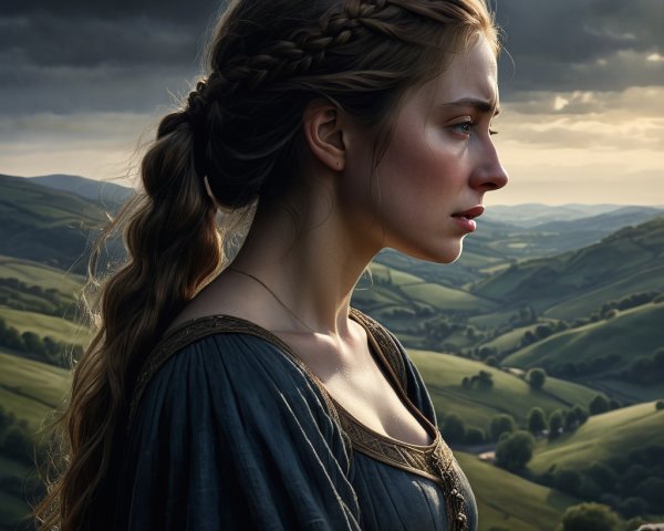 Young woman in medieval dress against dramatic sky