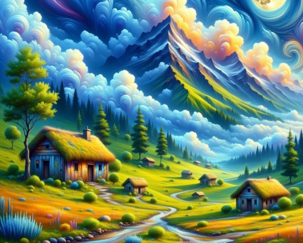 Vibrant Dreamlike Landscape with Mountains and River