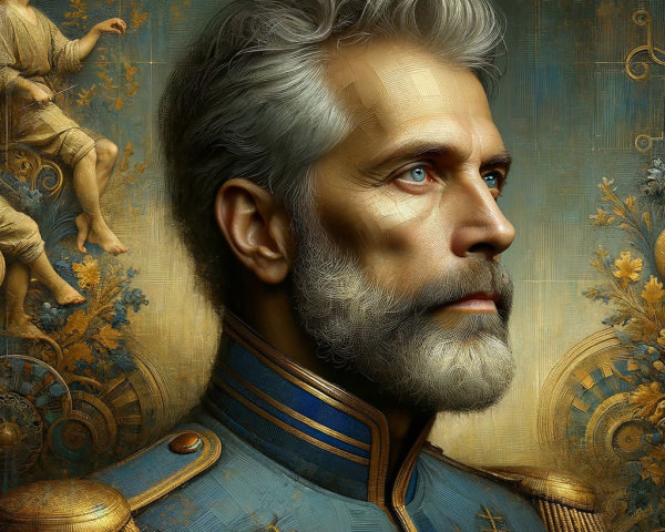 Regal Figure in Ornate Military Coat with Blue Eyes