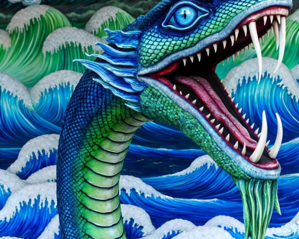 Vibrant Dragon-Like Creature Amidst Ocean Waves