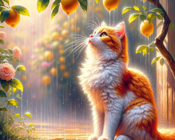Fluffy Cat on Stone Path with Rainy Fruit Tree