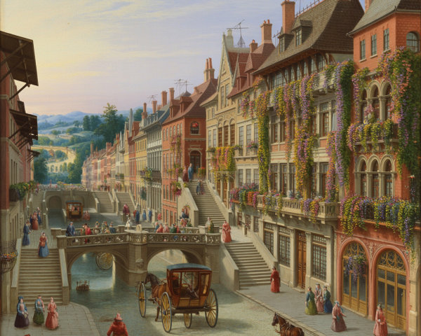 Charming European Town Street Scene Oil Painting