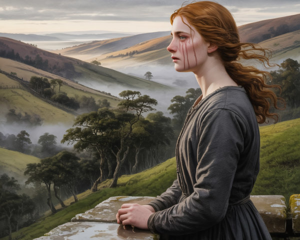 Young woman on stone wall in misty landscape