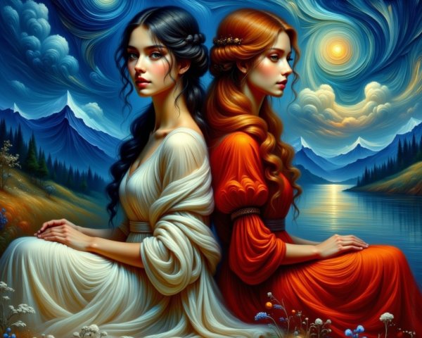Young women in a fantasy landscape at twilight