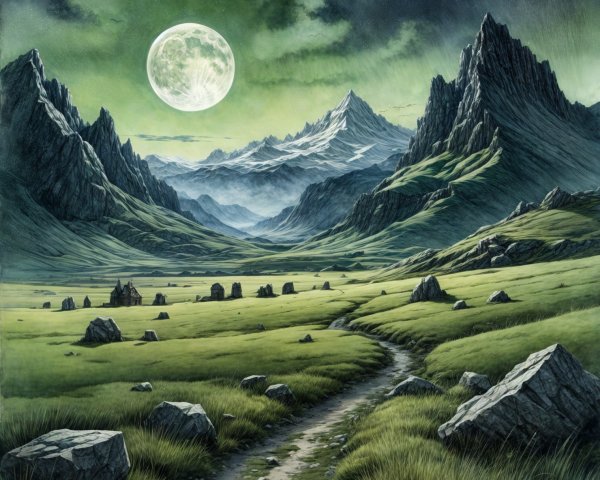 Serene landscape with winding path and towering mountains