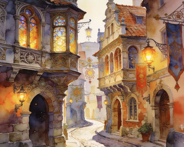 Watercolor of a medieval town with cobblestone street