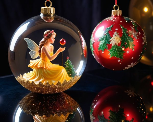 Closeup of Christmas Ornaments with Fairy Figurine