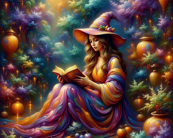 Vibrant Fantasy Art of Enchantress in Colorful Forest