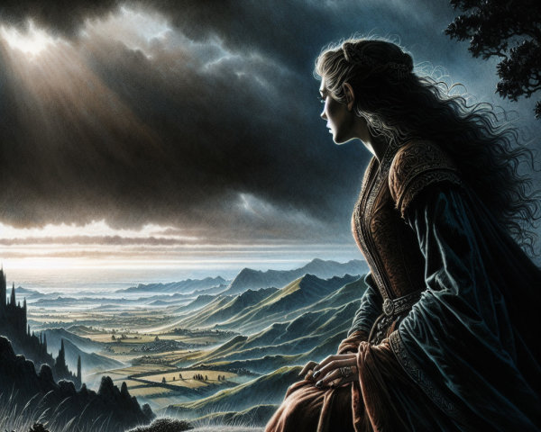 Fantasy Art Painting of Woman in Mountainous Landscape