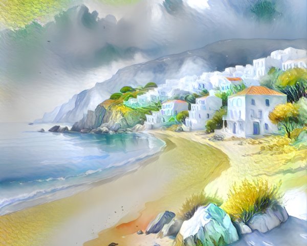 Coastal Scene with Beach, Greenery, and Houses