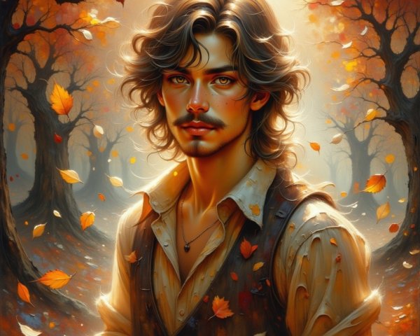 Young man in autumn forest with curly hair and vest