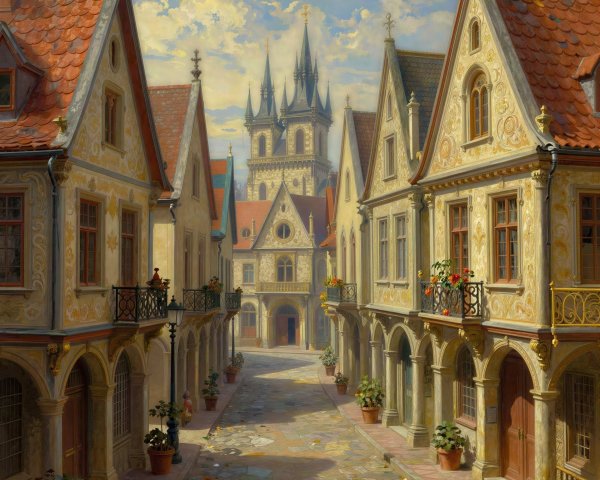 European Street Scene with Gothic Cathedral and Buildings