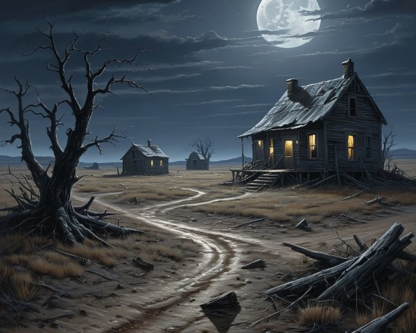 Desolate Landscape with Dilapidated Houses at Night