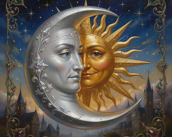 Ornate Fantasy Art with Celestial Sun and Moon Design