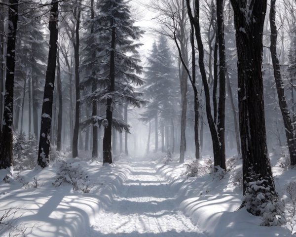 Snow-Covered Pathway in a Tranquil Winter Forest