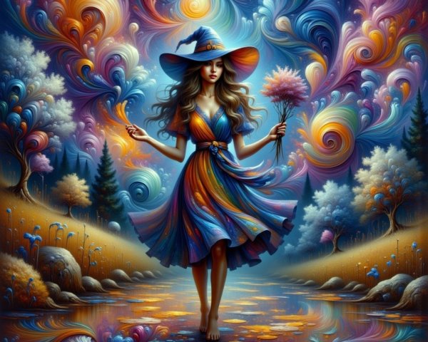 Psychedelic Oil Painting of a Whimsical Witch in Nature