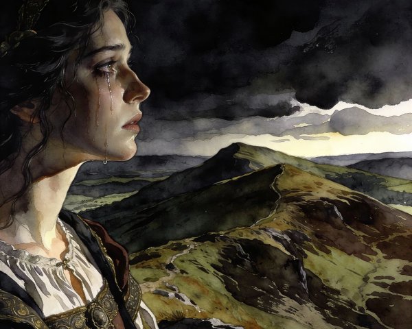 Watercolor Painting of a Sad Woman in a Landscape