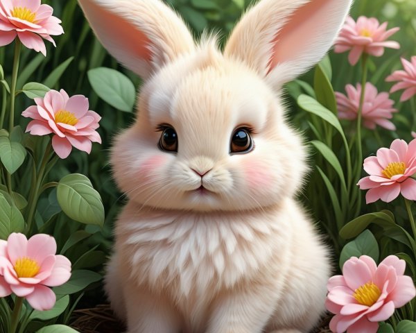 Cream-colored bunny among vibrant pink flowers