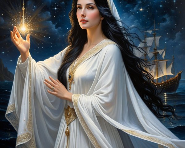 Mystical Woman with Orb Against Starry Night Sky