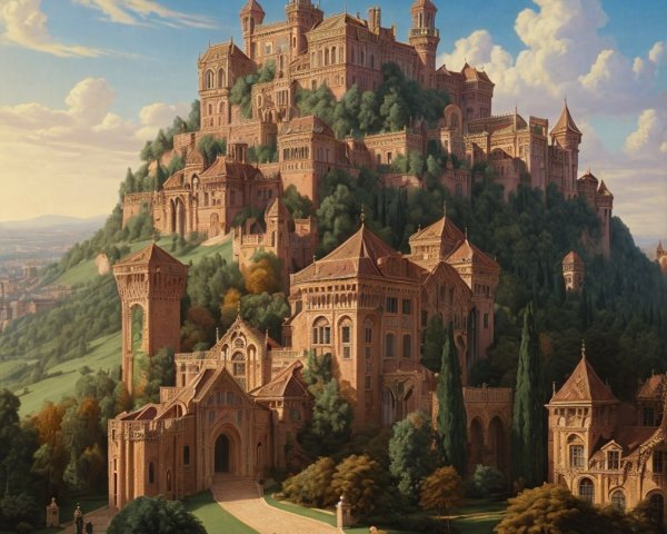 Grand castle on a hill with lush green landscapes