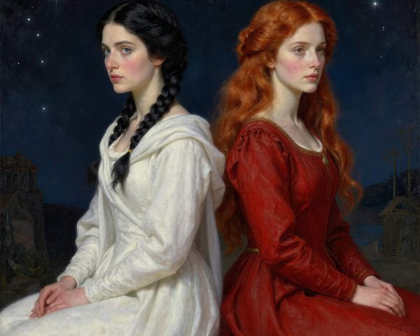 Young women in contrasting outfits under a starry night