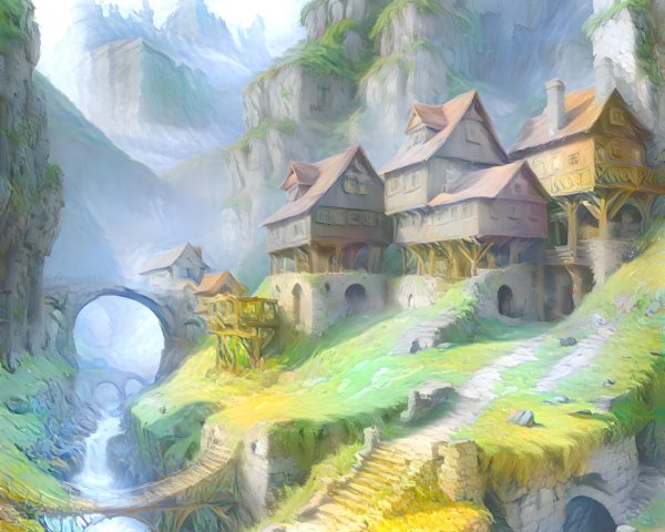 Serene Fantastical Landscape with Quaint Houses and River