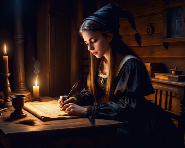 Young Woman Writing at Wooden Desk in Dim Room