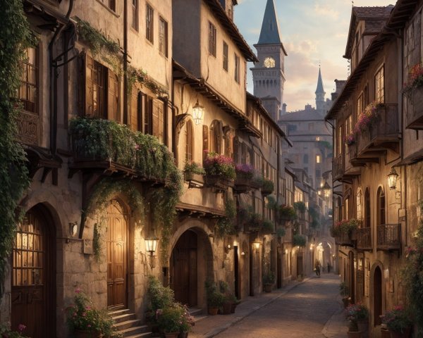 Medieval Street at Dusk with Warm Lanterns and Vines