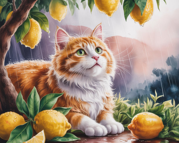 Fluffy Orange and White Cat Under Lemon Tree in Rain