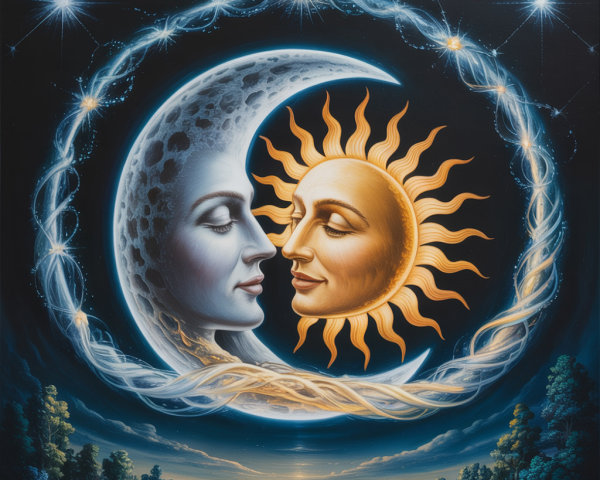 Celestial Painting of Moon and Sun with Stars