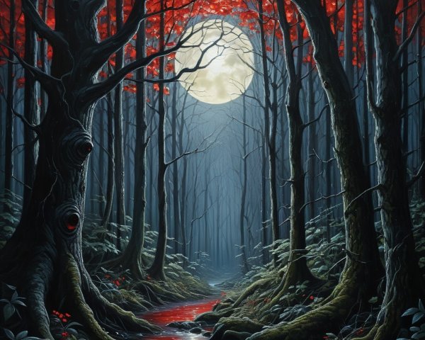 Moonlit Forest with Dark Trees and Reflective Stream