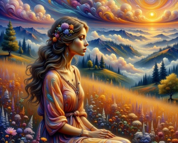 Serene landscape with woman in colorful dress at sunset