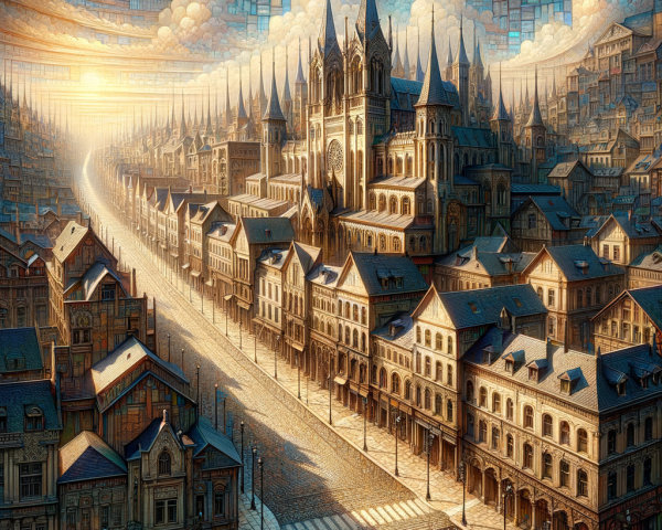 Digital Painting of an Old European Cityscape with Cathedral