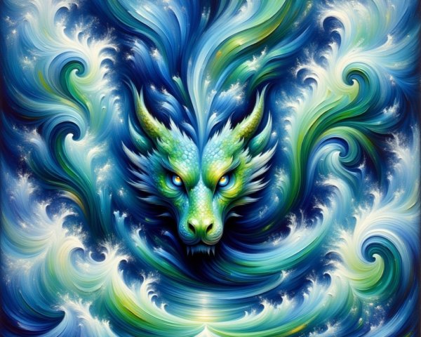 Imaginative dragon emerging from swirling blue-green waves