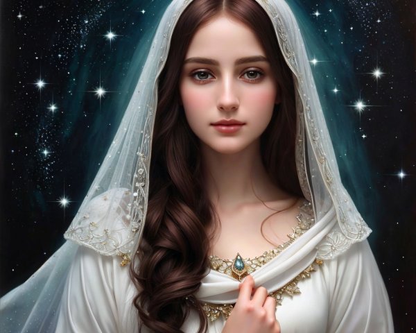 Serene Woman in Elegant Gown Against Starry Night