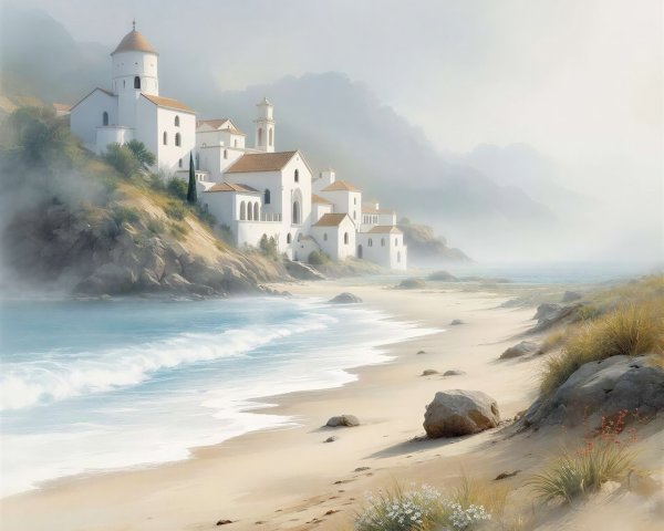 Coastal Village Illustration with Mediterranean Architecture