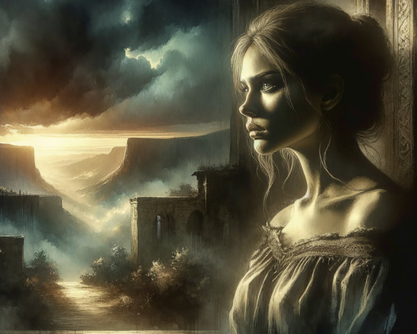 Contemplative Woman in Ethereal Landscape with Ruins