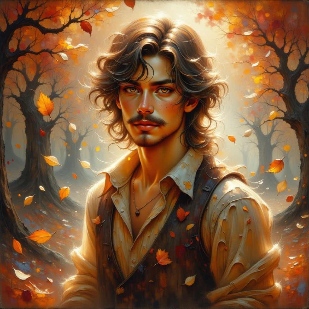 Young man in autumn forest with curly hair and vest