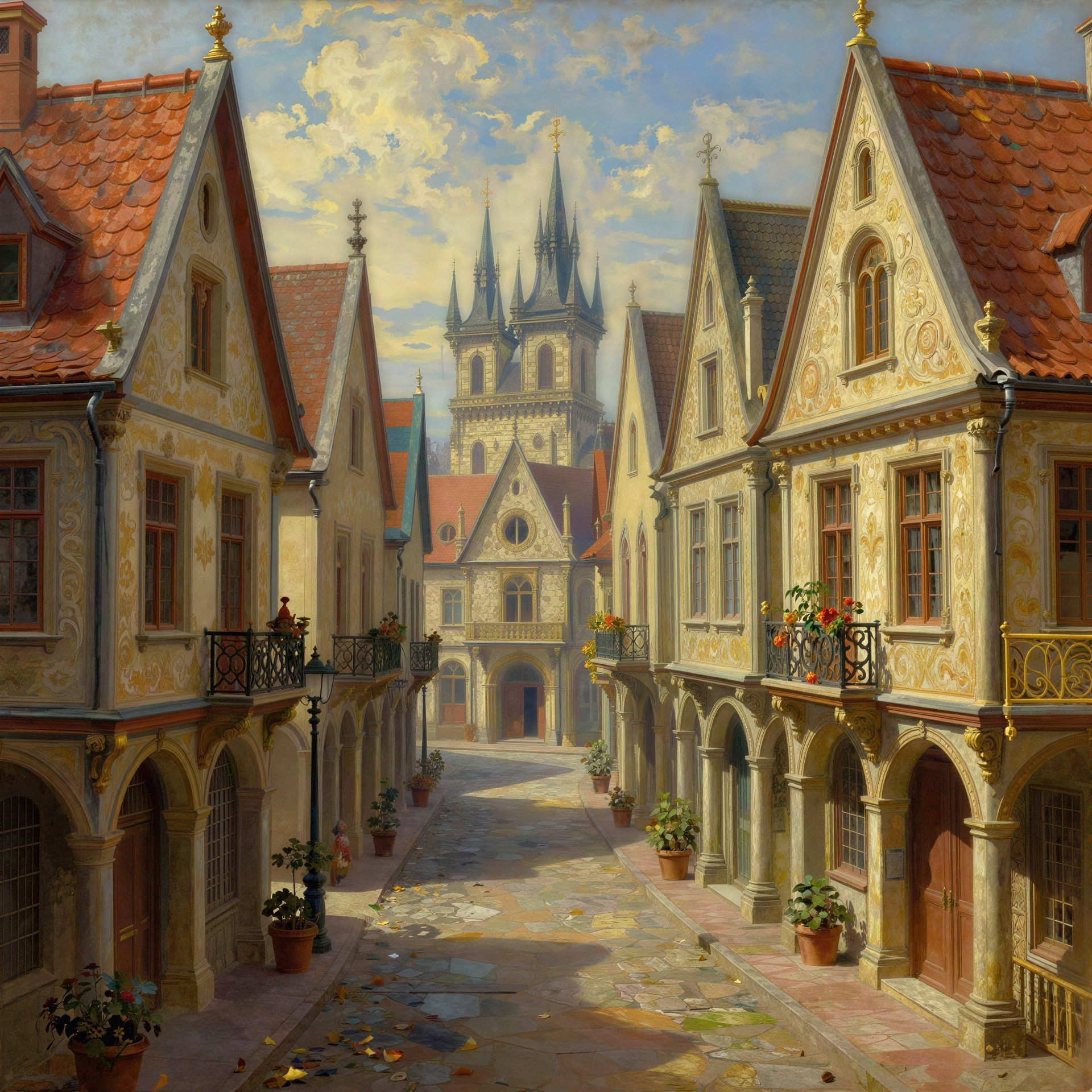 European Street Scene with Gothic Cathedral and Buildings