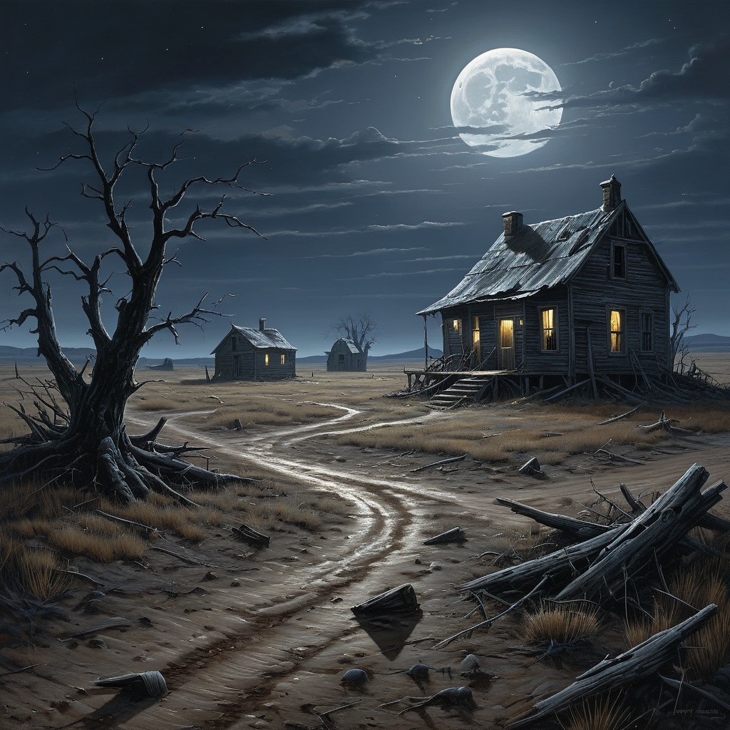Desolate Landscape with Dilapidated Houses at Night